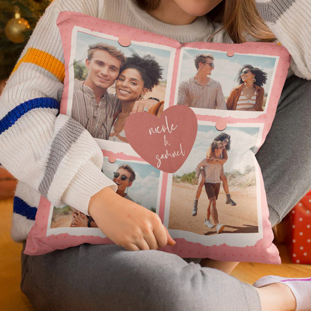 A person holds a decorative pillow with photo collage featuring a couple in different poses and the words \“nicole & samuel\“ in a central heart design.