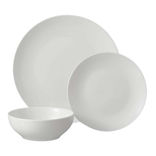 A set of white dinnerware consisting of two plates of different sizes and a bowl.