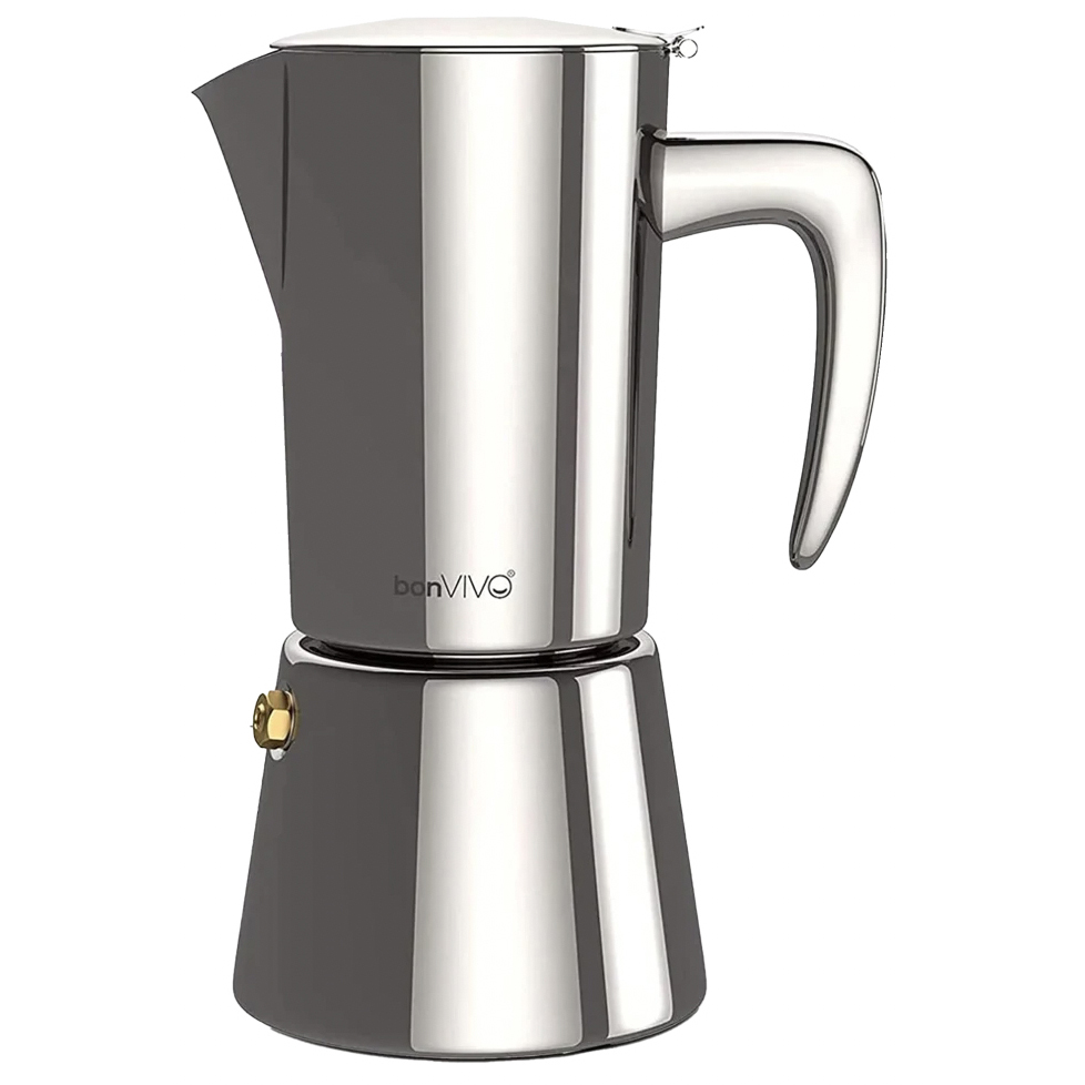 A polished stainless steel stovetop espresso maker with a sleek design, featuring a sturdy handle and a capacity of 6.8 ounces. Perfect for brewing rich espresso.