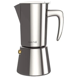 A polished stainless steel stovetop espresso maker with a sleek design, featuring a sturdy handle and a capacity of 6.8 ounces. Perfect for brewing rich espresso.