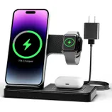 3-in-1 wireless charging station for a smartphone, smartwatch, and wireless earbuds with a plug-in power adapter.