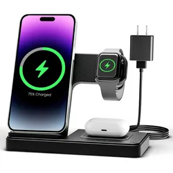 3-in-1 wireless charging station for a smartphone, smartwatch, and wireless earbuds with a plug-in power adapter.