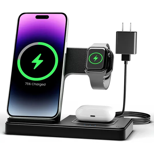 3-in-1 wireless charging station for a smartphone, smartwatch, and wireless earbuds with a plug-in power adapter.
