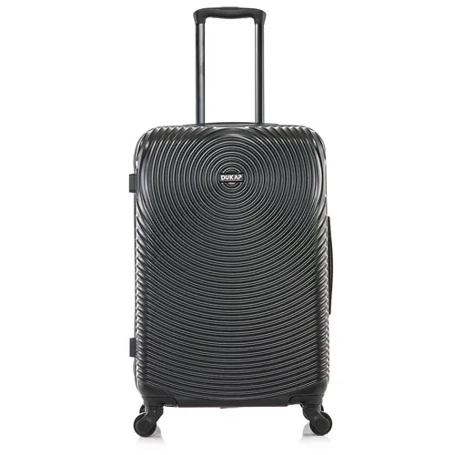 Black, hard-shell rolling suitcase with a ribbed design and telescopic handle.