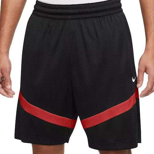 Nike Men's Dri-FIT Basketball Shorts are black with red accents and feature a flexible fit, elastic waistband, and a small Nike logo. Designed for breathability and moisture-wicking performance in sports.