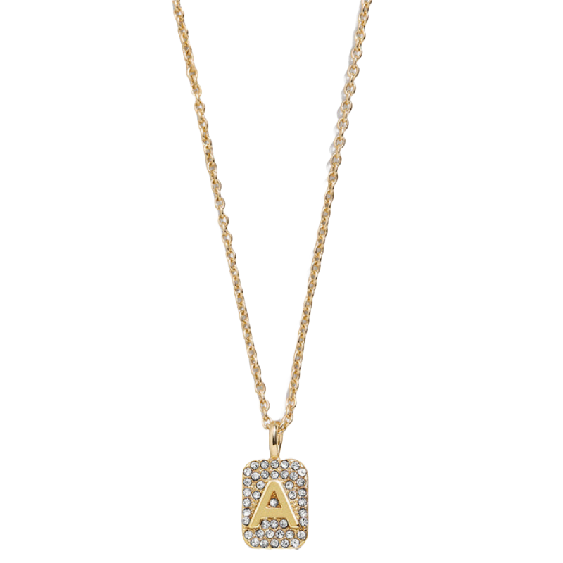 Gold chain necklace with a rectangular pendant featuring the letter \“A\“ surrounded by small shiny stones.