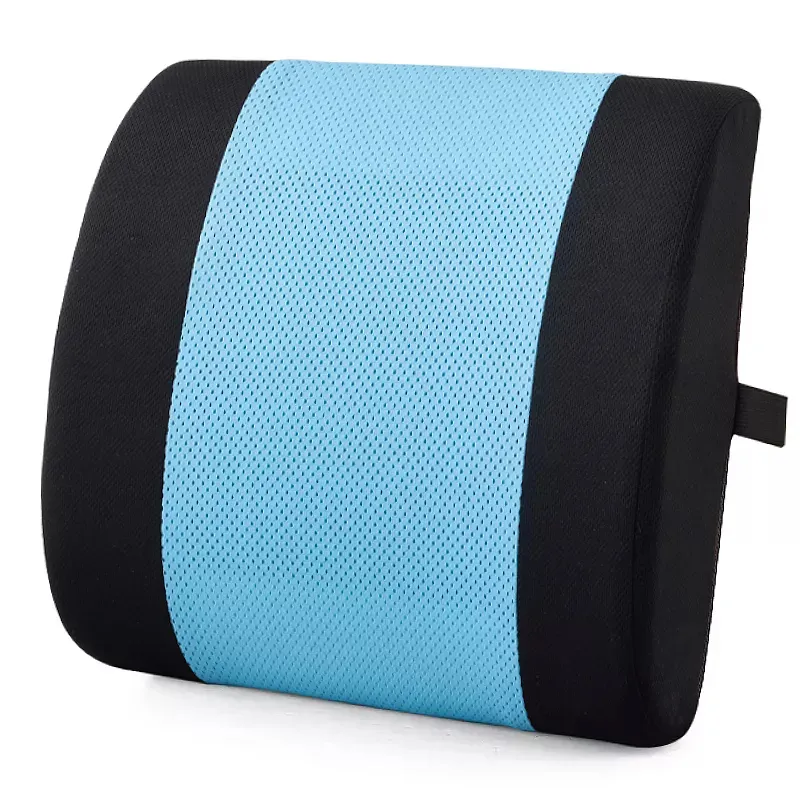 A lumbar support cushion featuring a black and blue design, made from breathable mesh material.