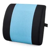 A lumbar support cushion featuring a black and blue design, made from breathable mesh material.