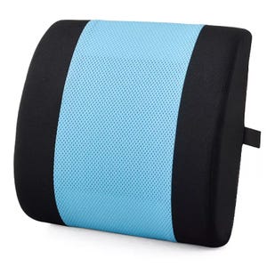 A lumbar support cushion featuring a black and blue design, made from breathable mesh material.