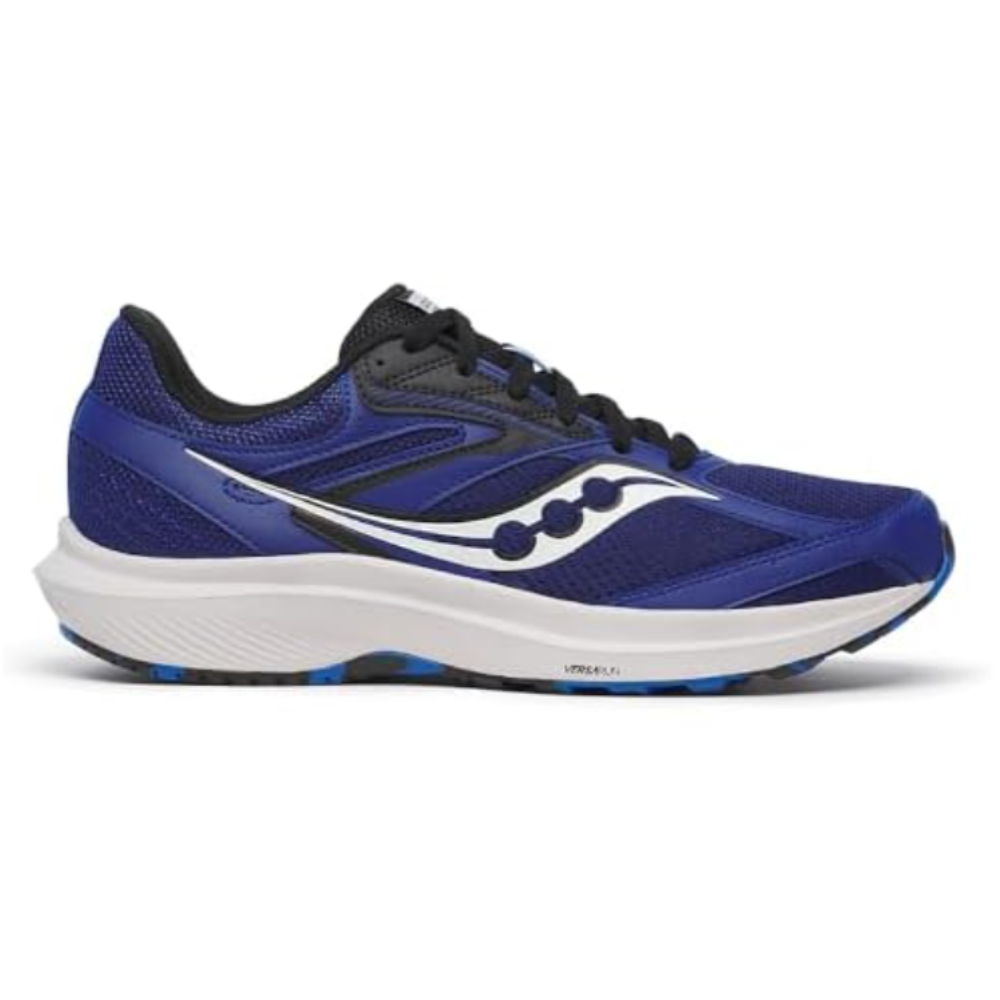 Blue and black running shoe with a white logo on the side and a cushioned white sole.