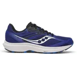 Blue and black running shoe with a white logo on the side and a cushioned white sole.