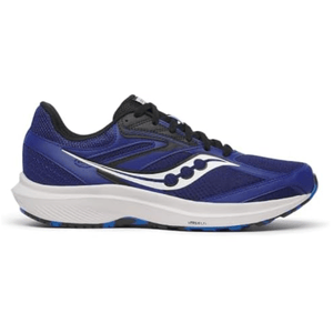 Blue and black running shoe with a white logo on the side and a cushioned white sole.