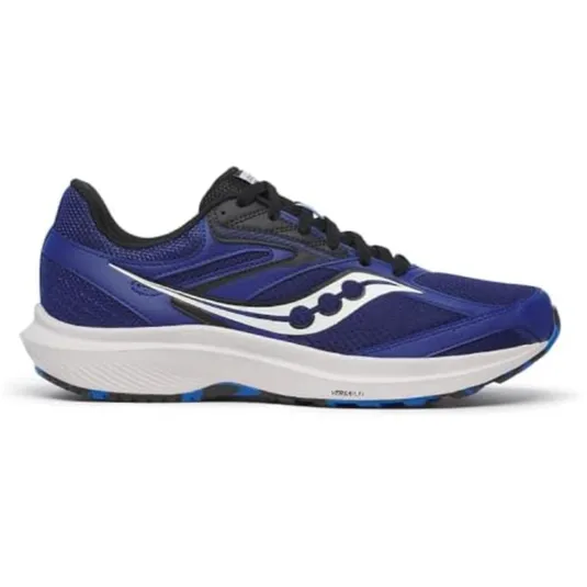 Blue and black running shoe with a white logo on the side and a cushioned white sole.