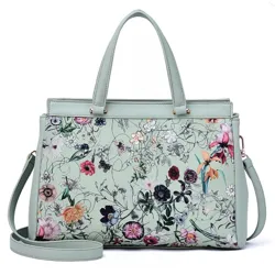 A light green handbag with floral patterns, featuring two short handles and a detachable shoulder strap.