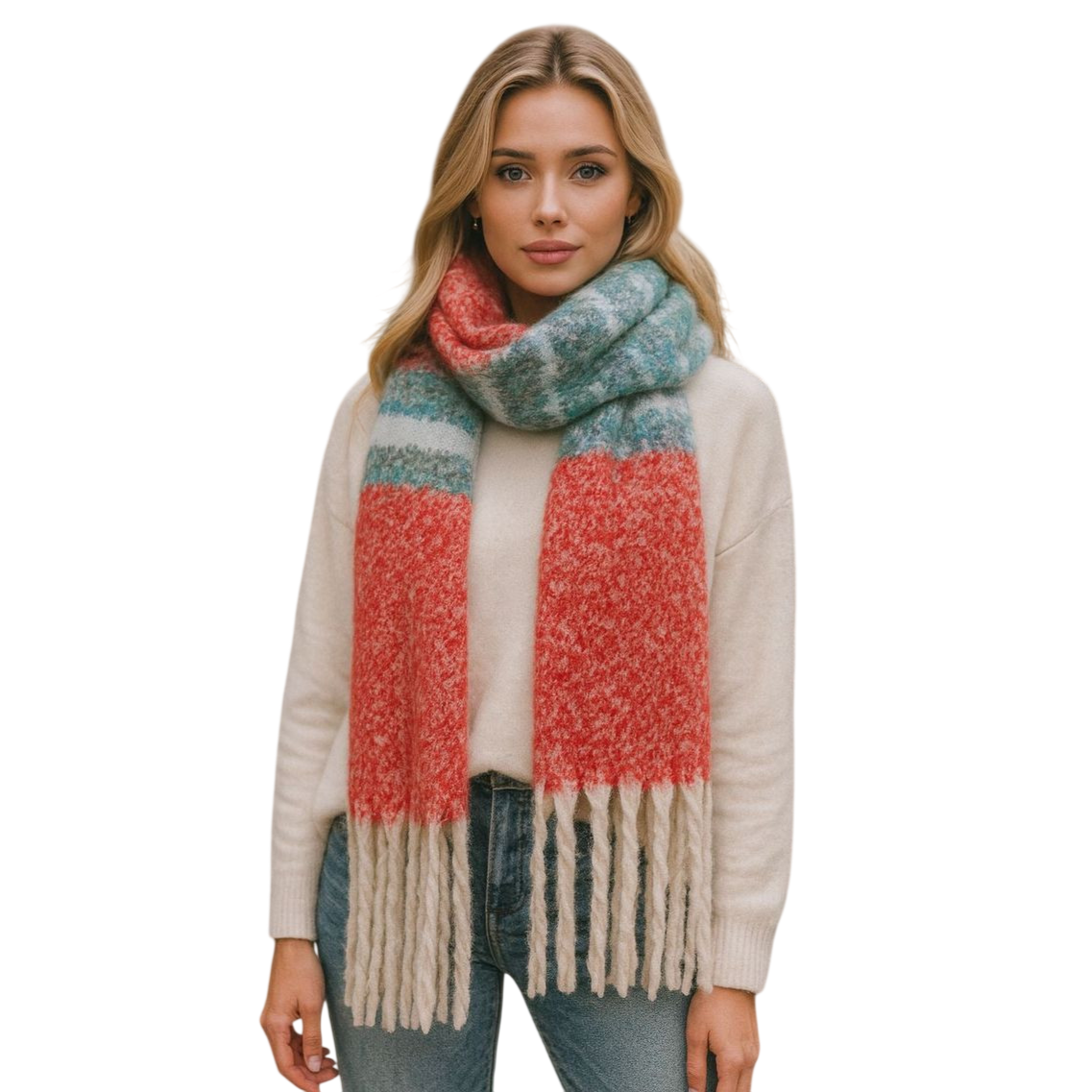 A woman is wearing a cozy, multicolored scarf with red, blue, and cream stripes, paired with a white sweater and blue jeans, standing in an urban setting.