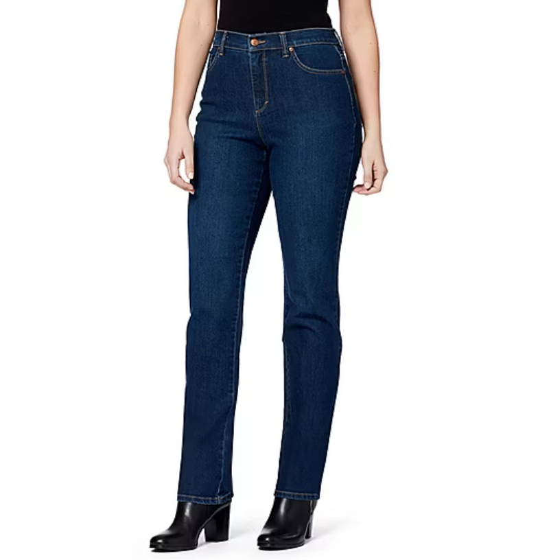 Dark blue straight-leg jeans paired with black ankle boots.