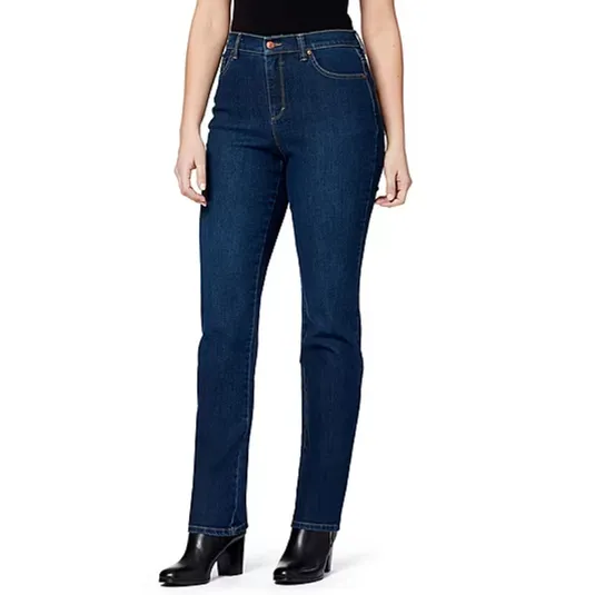 Dark blue straight-leg jeans paired with black ankle boots.