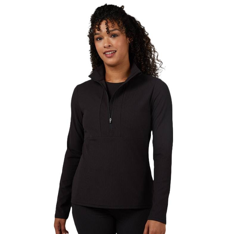 A black, long-sleeve, quarter-zip top with a ribbed texture and a stand-up collar, designed for a fitted look.