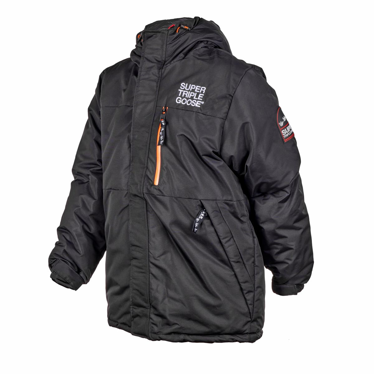 Super Triple Goose Men's Ski Jacket in black, featuring a hood, prominent white logo on the chest, orange-accented zippers, and a patch on the sleeve. Designed for warmth and style on the slopes.
