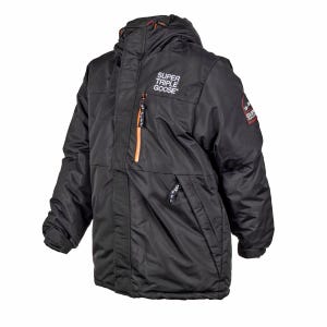 Super Triple Goose Men's Ski Jacket in black, featuring a hood, prominent white logo on the chest, orange-accented zippers, and a patch on the sleeve. Designed for warmth and style on the slopes.