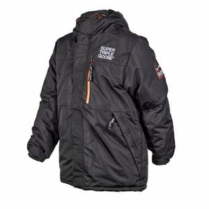 Super Triple Goose Men's Ski Jacket in black, featuring a hood, prominent white logo on the chest, orange-accented zippers, and a patch on the sleeve. Designed for warmth and style on the slopes.