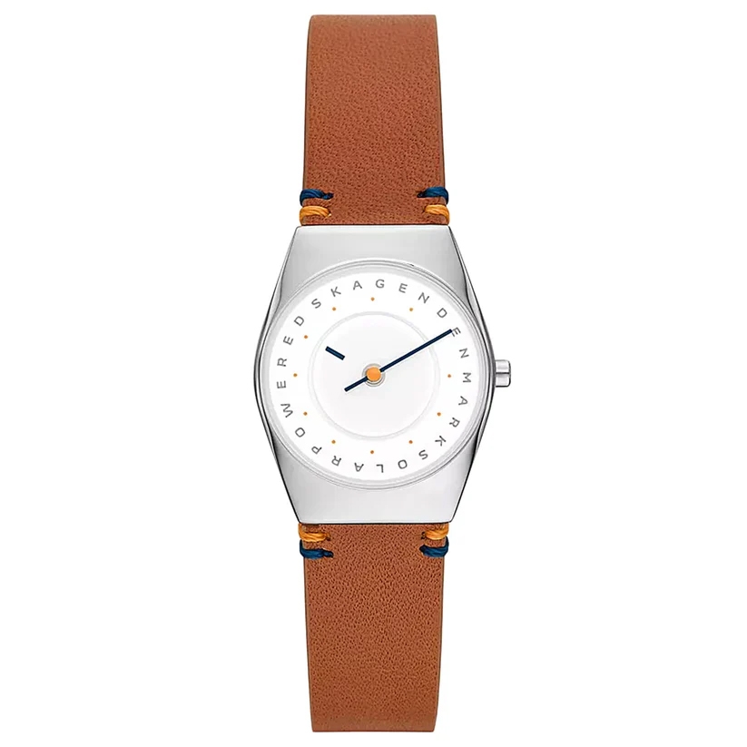 A watch with a silver-toned case and a minimalist white dial features dark blue hands and the text \“Skagen Denmark Solar Powered.\“ The brown leather strap includes blue and orange stitching.