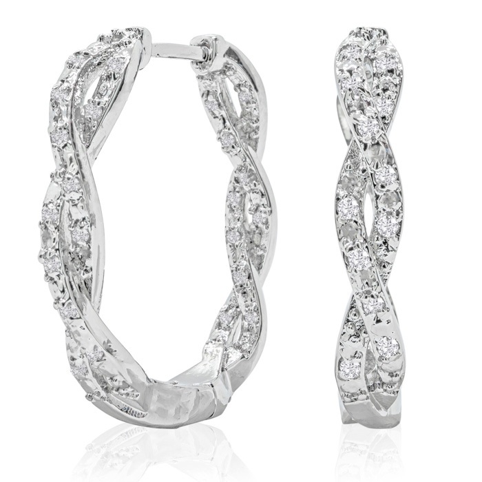 Elegant 1/2 carat diamond hoop earrings featuring a twisted design with sparkling diamonds set in white gold.
