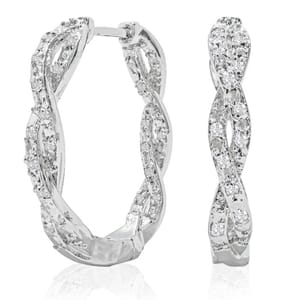 Elegant 1/2 carat diamond hoop earrings featuring a twisted design with sparkling diamonds set in white gold.