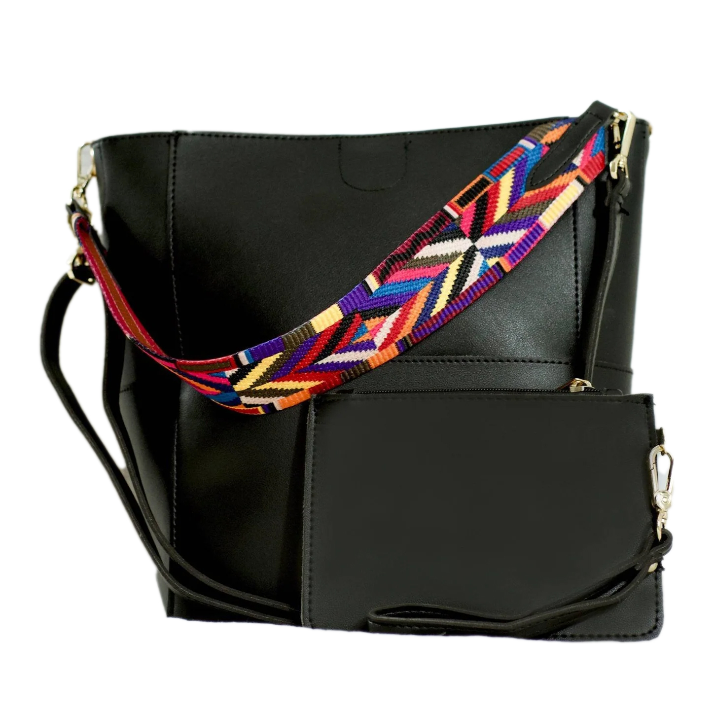 Black handbag with a detachable strap featuring a colorful geometric pattern and an attached small pouch with a zipper closure.