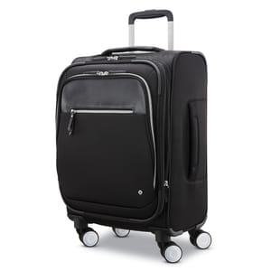 A black carry-on spinner suitcase with four double wheels, telescopic handle, front zippered pocket, and sleek design.