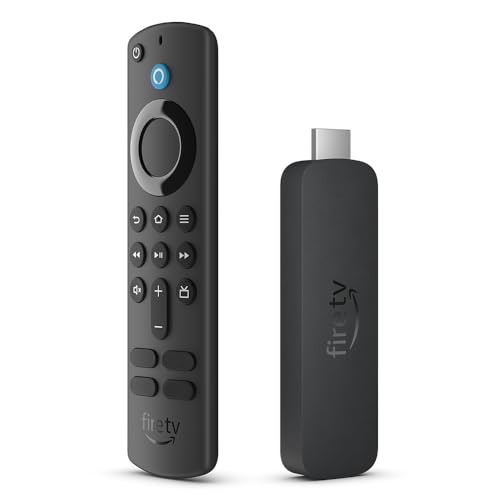 A black Amazon Fire TV Stick 4K is displayed alongside its remote control, featuring a round navigation pad and buttons for voice commands, volume, and playback.