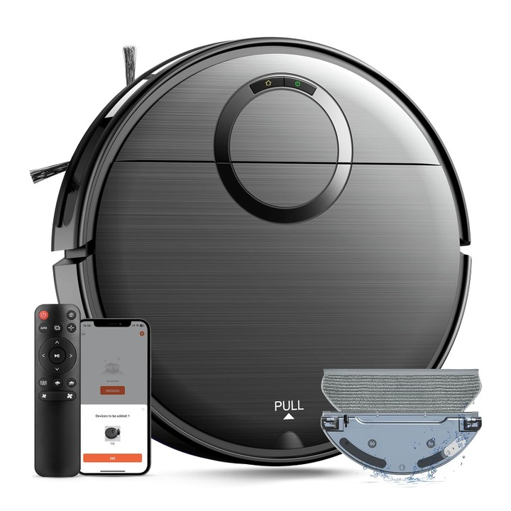 A robotic vacuum cleaner with a remote control and smartphone app is shown, featuring a detachable water tank for mopping functions.