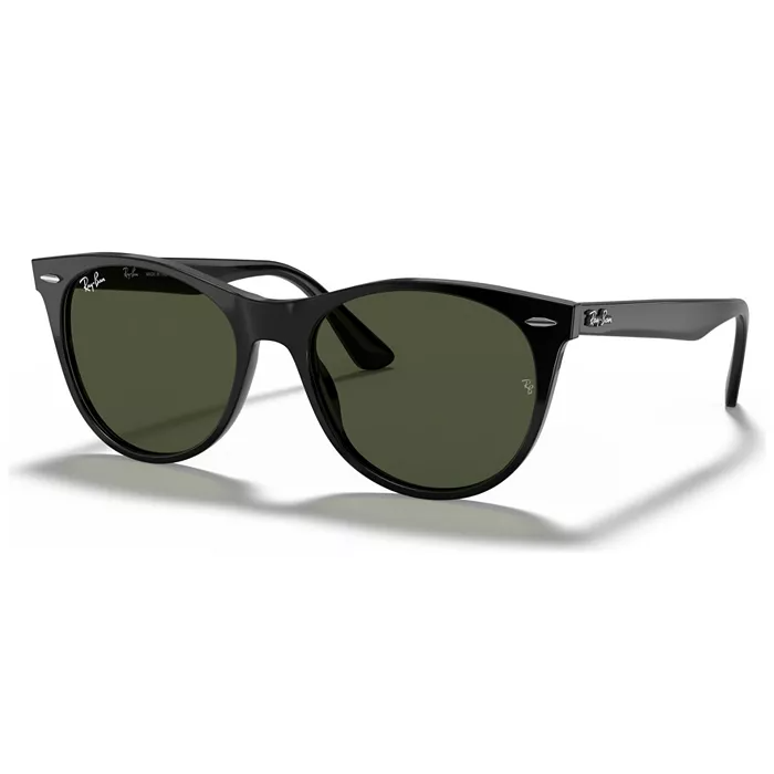 Ray-Ban Wayfarer II sunglasses feature a classic black frame with dark, rounded lenses, showcasing a timeless design with subtle metal accents on the temples.