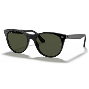 Ray-Ban Wayfarer II sunglasses feature a classic black frame with dark, rounded lenses, showcasing a timeless design with subtle metal accents on the temples.
