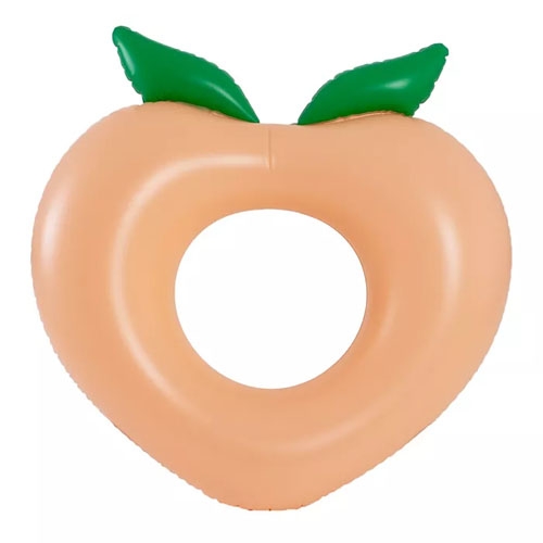 A peach-shaped pool float with two green leaves at the top, featuring a circular opening in the center. Size: 40 inches.