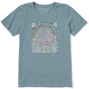 Blue T-shirt by \“Life is Good\“ featuring a graphic with a rising sun, flowers, and the text \“Here Comes the Sun\“.