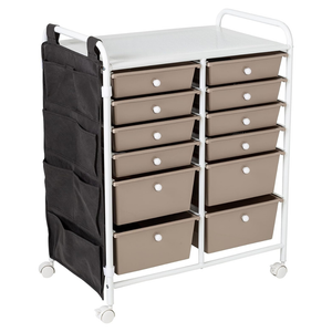 A mobile storage cart with 12 taupe drawers, a metal frame, and side pockets.