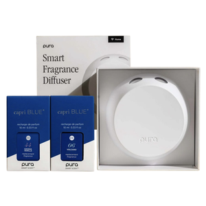 Pura Smart Fragrance Diffuser with two capri BLUE fragrance refills: Havana Vanilla and Volcano, each 10 ml (0.33 fl oz).