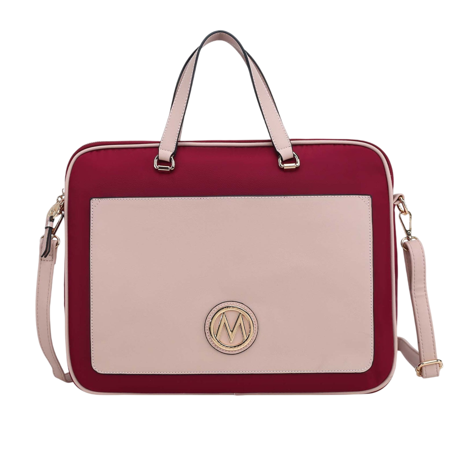 A red and pink handbag features a top handle, a detachable shoulder strap, and an external pocket with a circular emblem.