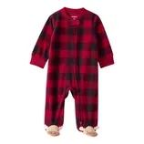 A red and black plaid baby onesie with a front zipper and snap closure, featuring attached moose-themed footies.