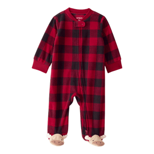 A red and black plaid baby onesie with a front zipper and snap closure, featuring attached moose-themed footies.