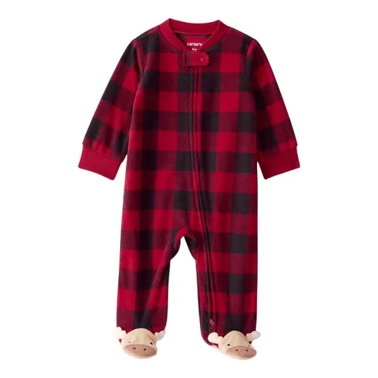 A red and black plaid baby onesie with a front zipper and snap closure, featuring attached moose-themed footies.