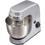 A silver stand mixer with a stainless steel mixing bowl and attachments, featuring a control knob and speed settings on the side.