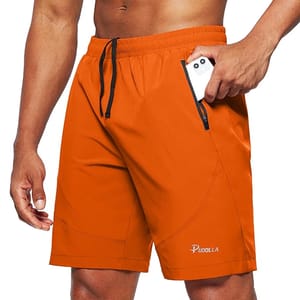 Men's orange running shorts with a black drawstring and zippered side pocket, designed by Pudolla.