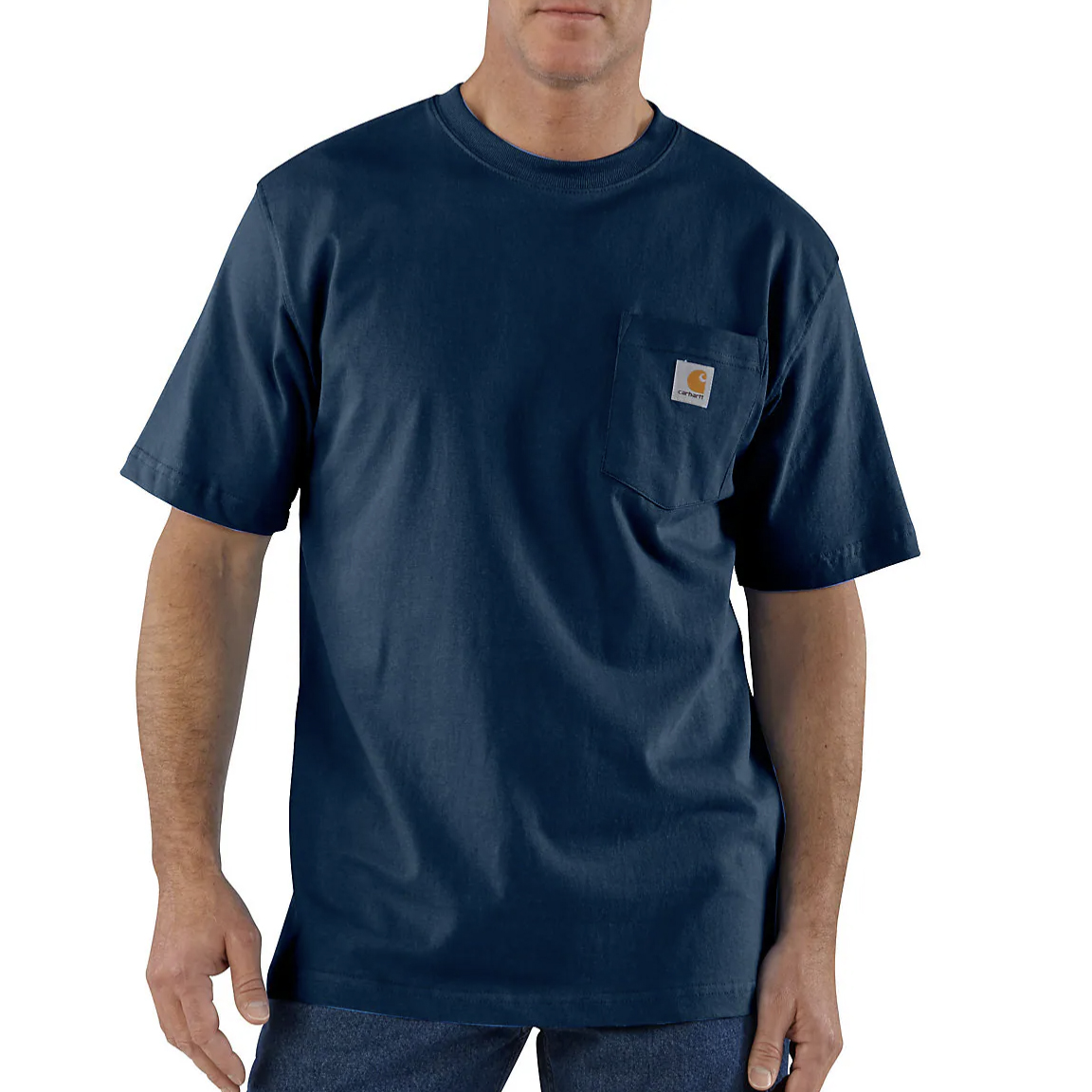 Navy blue Carhartt short-sleeve pocket t-shirt with a logo on the chest pocket, worn by a person.