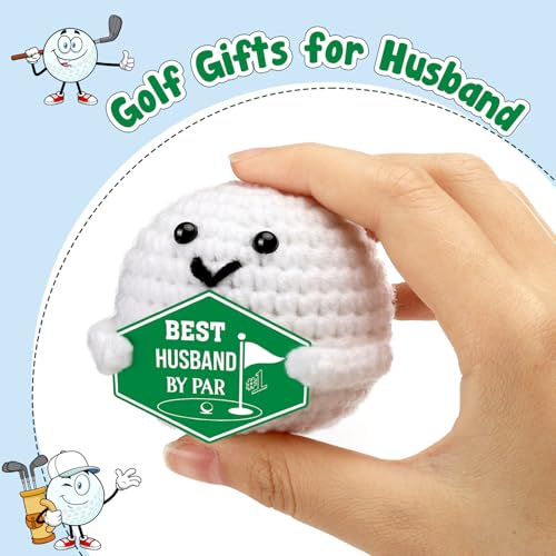 A crocheted golf ball holding a sign reading \“Best Husband By Par,\“ placed under the text \“Golf Gifts for Husband,\“ with cartoon golf-themed characters in the corners.