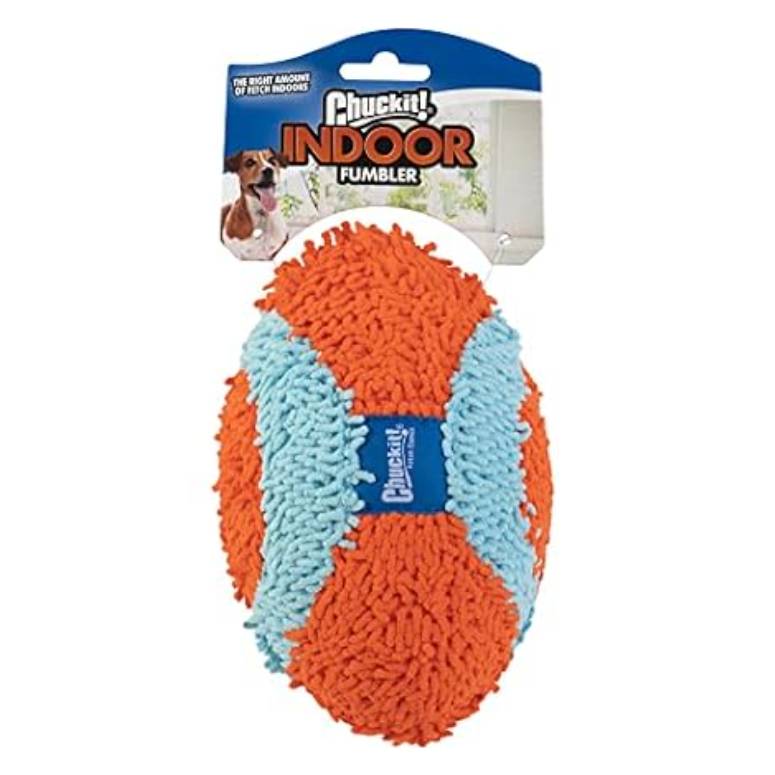Orange and blue, soft-textured indoor football-shaped dog toy designed for play without bouncing or rolling away. It's packaged with a label indicating suitability for indoor use.