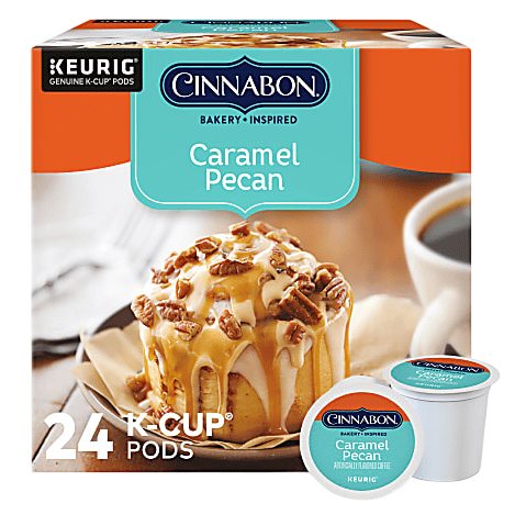 Cinnabon Caramel Pecan flavored coffee K-Cup Pods, compatible with Keurig machines, are shown in a 24-count box, featuring a caramel pecan dessert image.