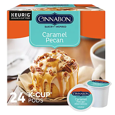 Cinnabon Caramel Pecan flavored coffee K-Cup Pods, compatible with Keurig machines, are shown in a 24-count box, featuring a caramel pecan dessert image.