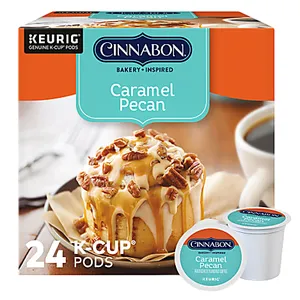 Cinnabon Caramel Pecan flavored coffee K-Cup Pods, compatible with Keurig machines, are shown in a 24-count box, featuring a caramel pecan dessert image.
